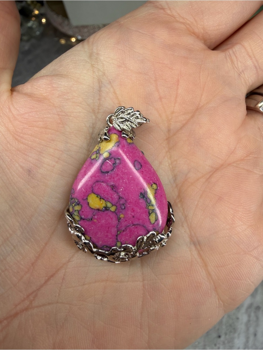 Sea Sediment Jasper Pendant Pink Silver Tone Jewelry Stone No Chain